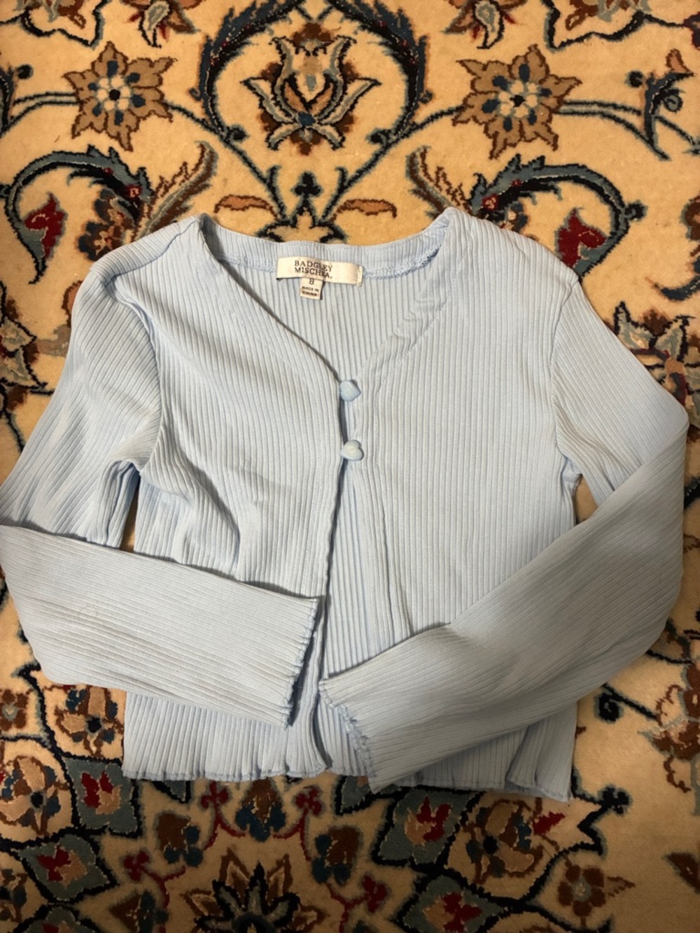 Badgley Mischka Light Blue Ribbed Button Cropped Cardigan